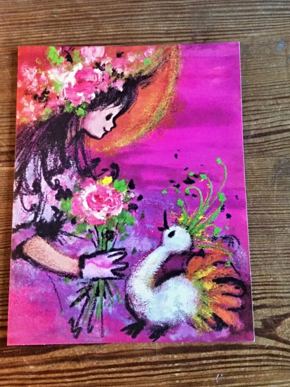 Happy Birthday Greeting Card, Girl w/ Bird Floral Design, Vtg Creations by Gigi